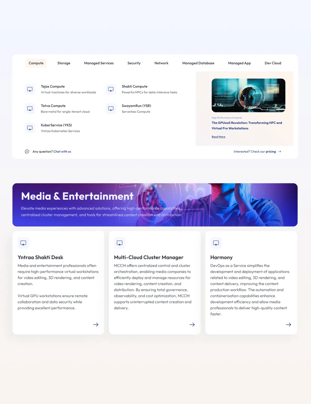 Cloud services web product interface