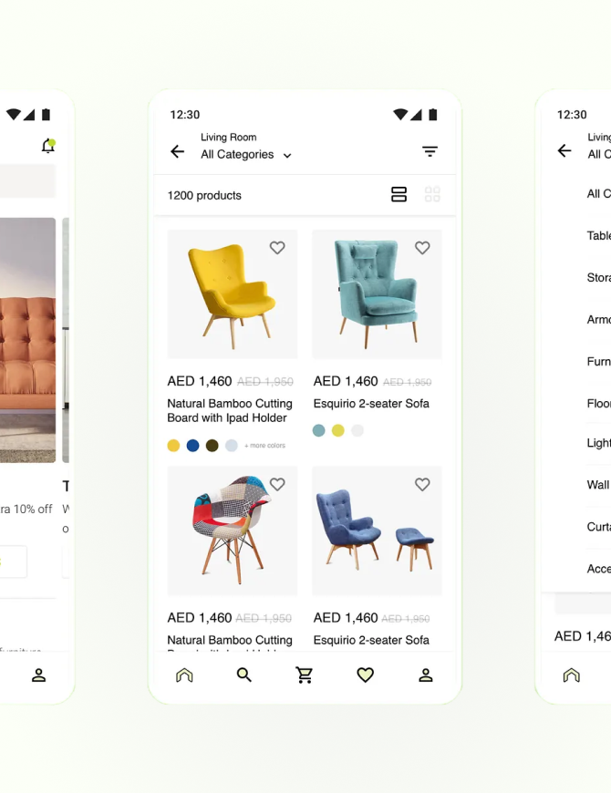Furniture retail mobile catalogue screens