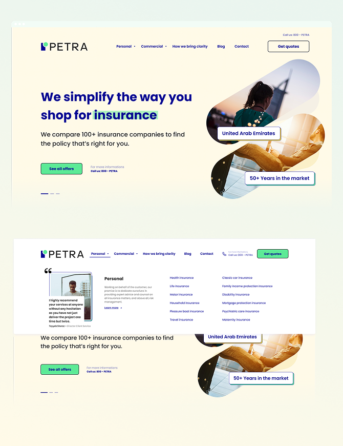 Petra insurance website interface